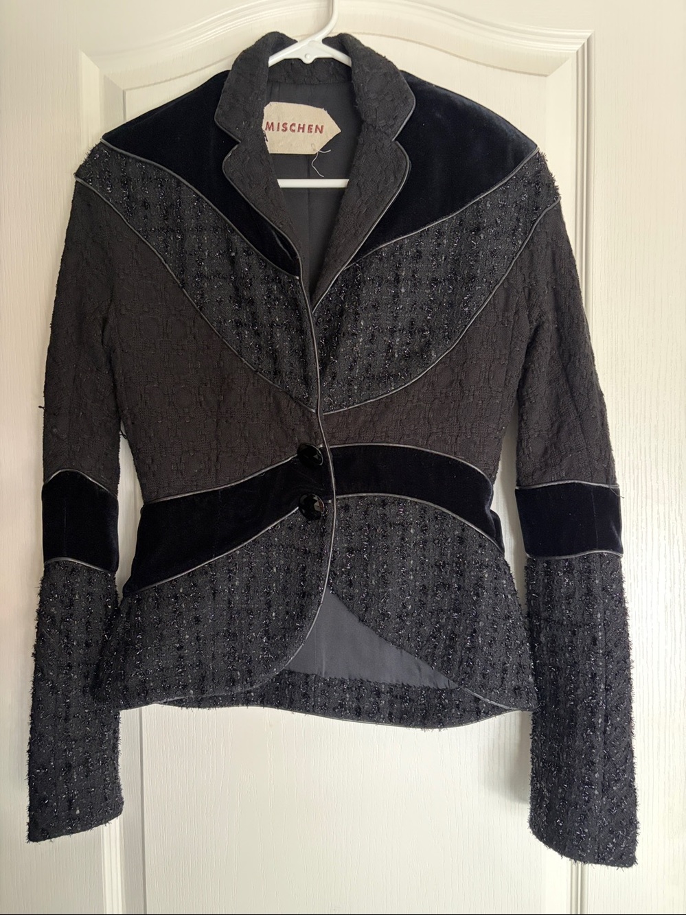 MISCHEN Mixed Media Textured Velvet Blazer Jacket Black Faceted Buttons
